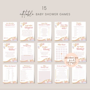 Retro groovy baby shower games bundle template, peace love baby shower games set, bright floral daisy orange pink boho 60&#39;s 70&#39;s hippie #179