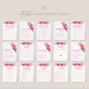 Pink orange baby shower games bundle template, hot pink floral baby shower games set, bold vibrant blush fuchsia magenta summer #202