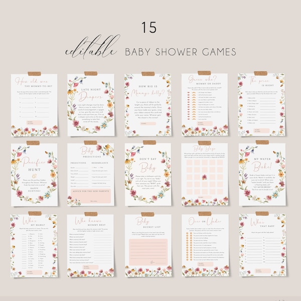 Wildflower baby shower games template, summer bright floral baby shower games bundle, spring wildflowers games set, colorful meadow #162