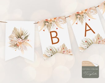 Boho banner template, pampas grass alphabet banner, baby, bridal shower editable bunting, orange floral printable banner, diy banner #107-96