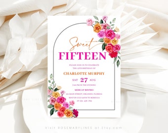 Pink orange birthday invitation template, hot pink floral birthday invites for teen girl, vibrant blush fuchsia magenta yellow summer #202