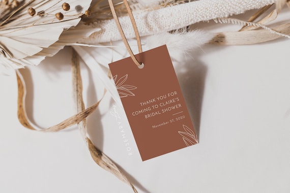 Burnt orange boho favor tag template, minimal leaves bridal shower tag, teracotta minimal gift tag template, desert thank you tags #111-14B