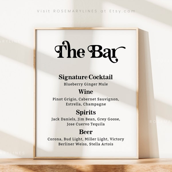 Modern retro wedding bar sign, 70s bar menu sign, boho bar menu template, groovy bar menu wedding, disco wedding bar menu, 1970s 60s #148