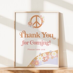 Retro favor sign template, peace love favors sign, colorful pink orange thank you sign, groovy baby shower signs, daisy floral 70s #179