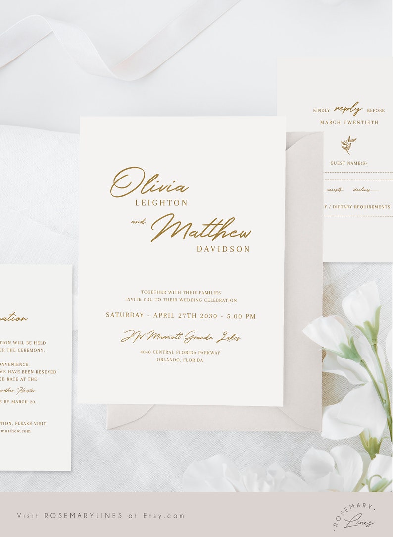 Gold wedding invitation template, gold wedding suite, elegant minimal wedding invites, modern minimalist invitation set, fall winter 078 image 5