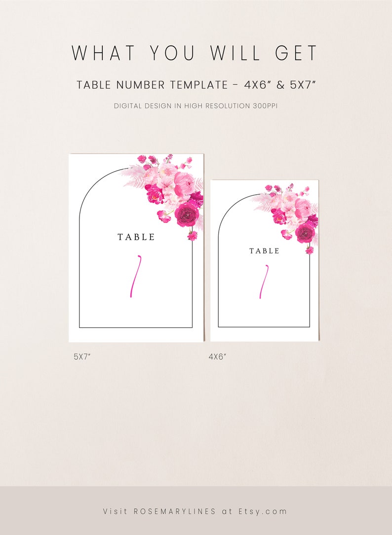 Hot pink floral table number template, blush bubblegum pink table numbers wedding, fuchsia magenta summer printable table number 212 image 5