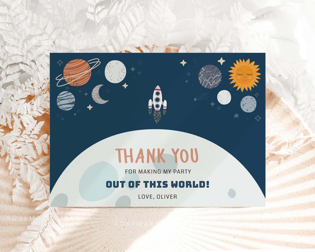 Outer Space Birthday Thank You Card Template, Galaxy Solar System Thank ...