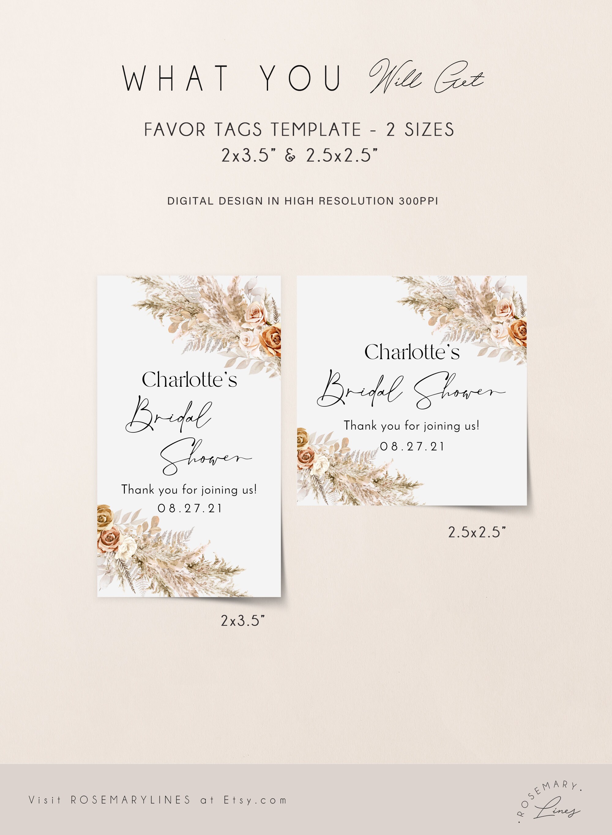 Boho Bridal Shower Tag, Pampas Grass Favor Tag Template, Terracotta ...