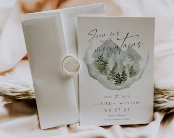 Mountain save the dates, pine trees save the date template, woodlands forest save the date invites, in the mountains, pine wedding #105