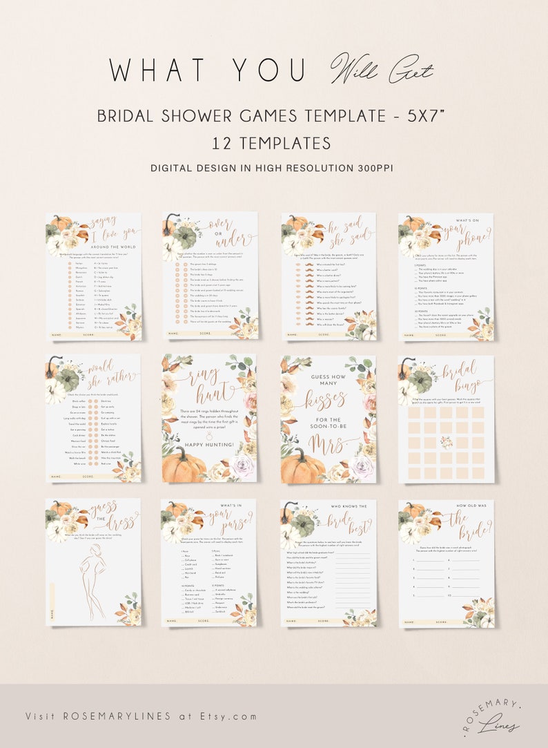 Fall bridal shower games bundle - pumpkin shower games - printable games template - neutral boho autumn rustic bridal party games #120 imagen 7