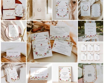 Wildflower wedding invitation bundle template, spring bright floral wedding suite, wildflowers boho rustic wedding invitation set #162