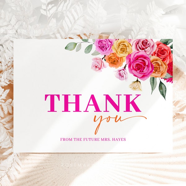 Pink orange thank you card template, hot pink floral bridal shower thank you cards, bold vibrant blush fuchsia magenta yellow summer #202