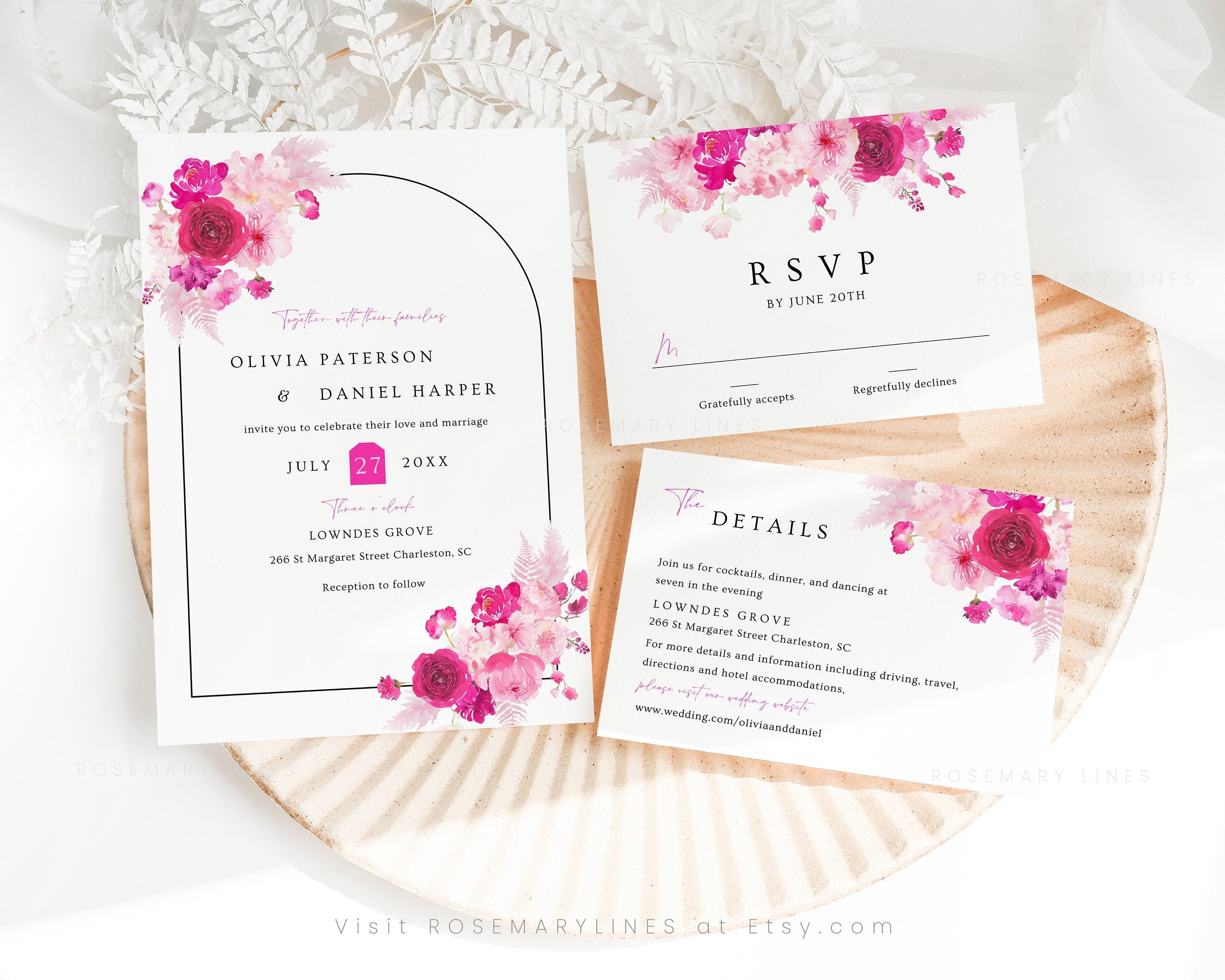 Hot Pink Wedding Invitation Set Template Pink and Blush Floral