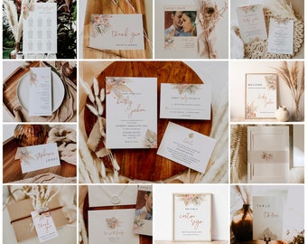 Burnt orange floral pampas grass wedding invitation bundle, tropical boho wedding bundle template, bohemian dried palm terracotta rust  #107