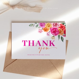 Pink Orange Thank You Card Template, Hot Pink Floral Bridal Shower ...