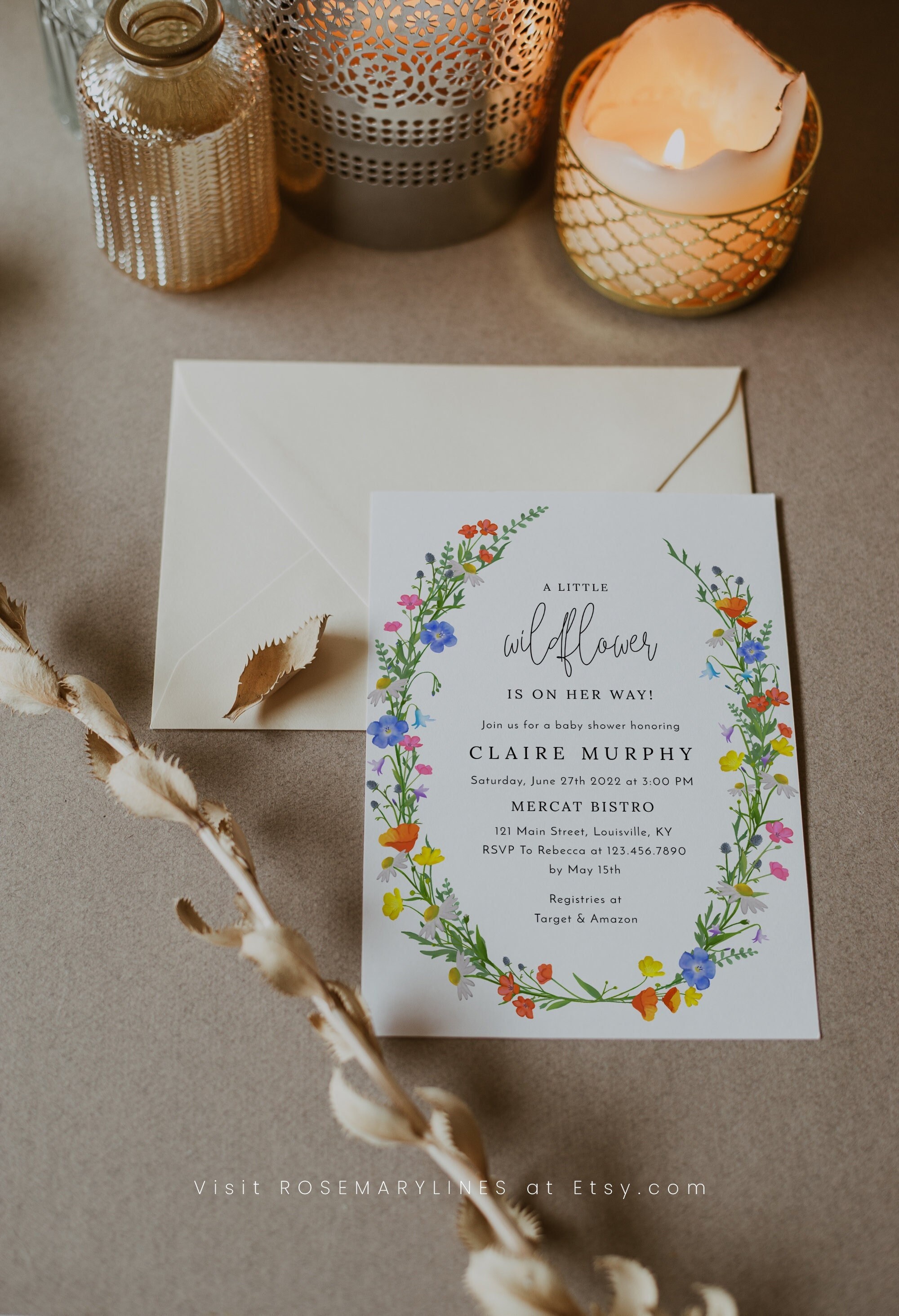 Wildflower baby shower invitation template spring colorful floral baby shower invites botanical wildflowers field flowers