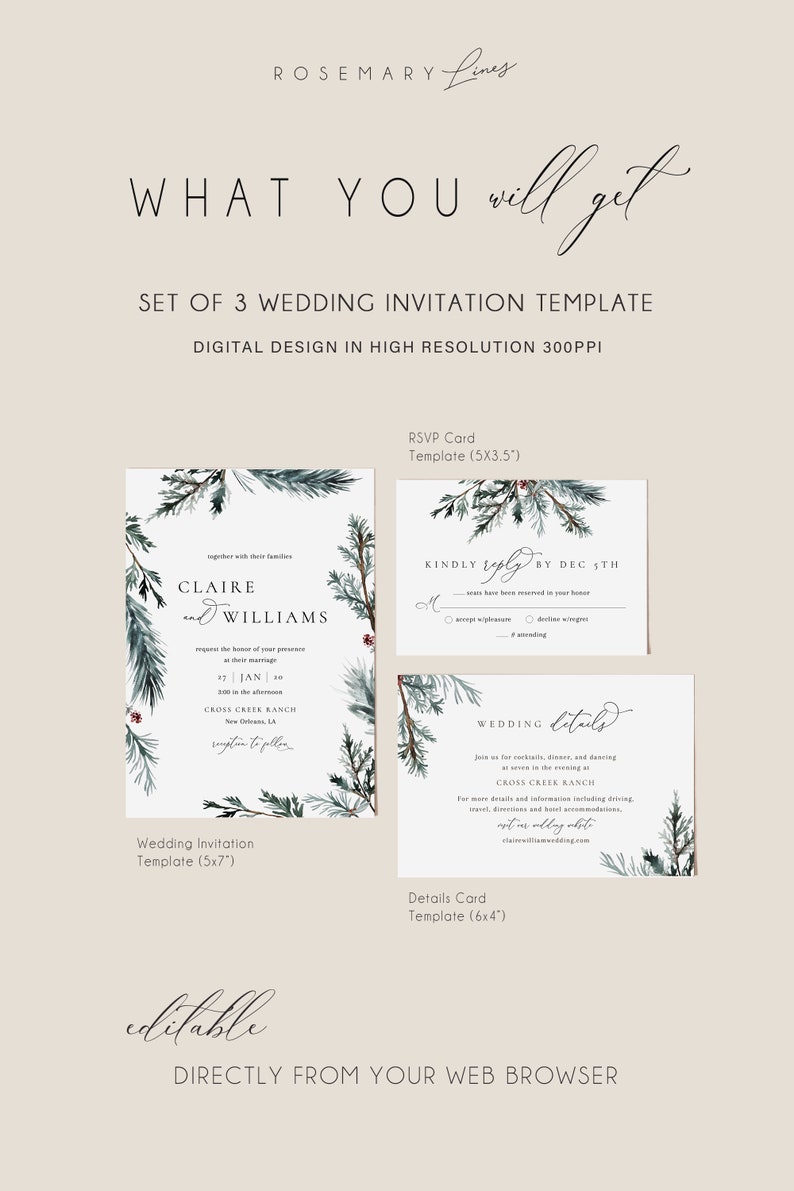 mountain wedding invitations greenery wedding invites Winter pine wedding invitation set template rustic woodlands forest woodsy #130-5