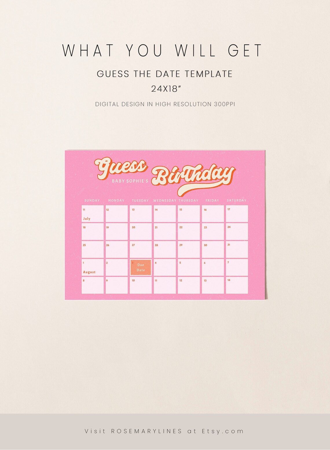 Retro Baby Shower Due Date Calendar Template Hot Pink Orange Etsy