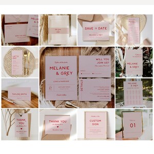 Modern retro wedding invitation bundle, pink and red wedding suite, 70s wedding bundle, 1970's vintage style red wedding invitation set #178