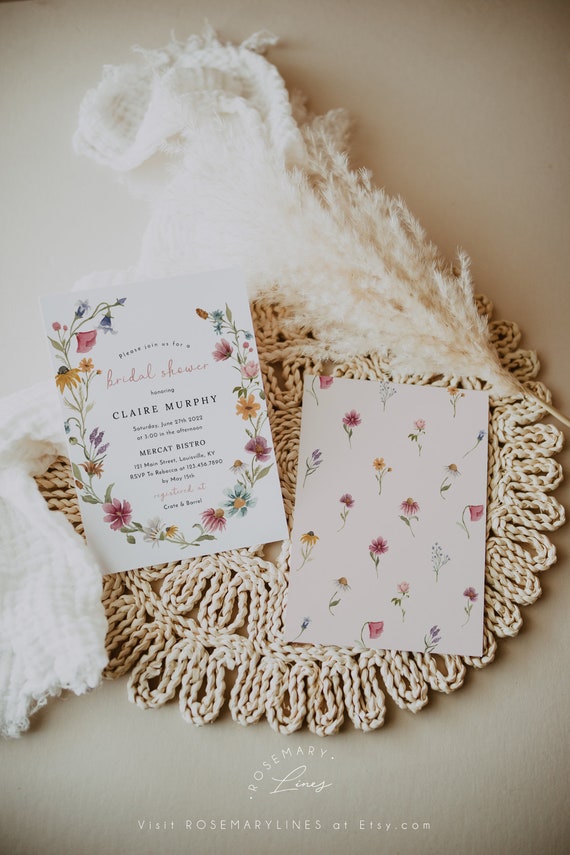 Wildflower bridal shower invitation template, bright floral bridal shower invites, spring wildflowers herbarium meadow flower field #162