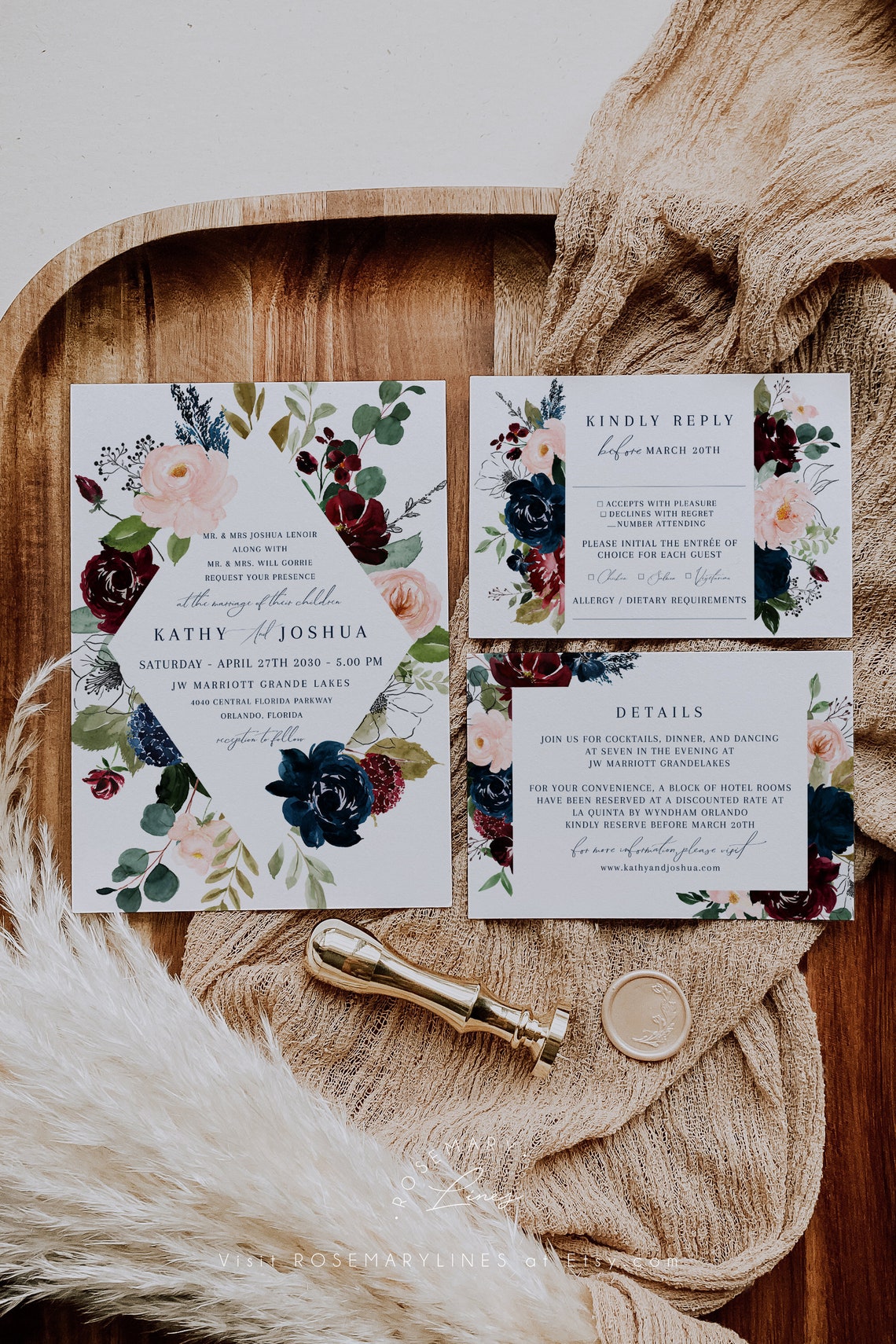 Burgundy navy wedding invitation set template rustic floral image 1