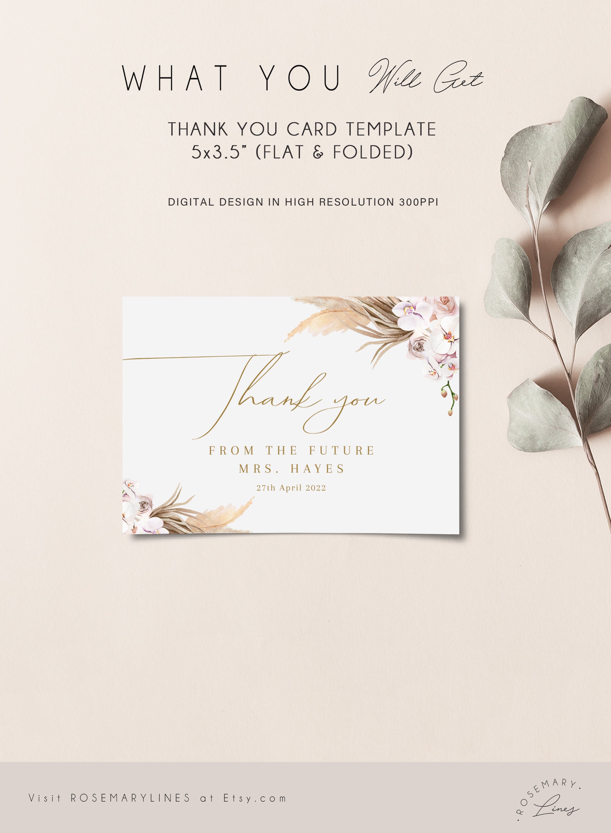 Pampas Grass Bridal Shower Thank You Card Template, Tropical Floral ...