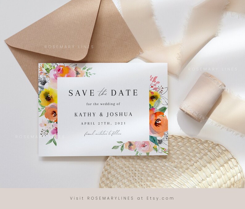 May include: Save the date card with a watercolour floral border. The card says "Save the Date" for the wedding of Kathy & Joshua, April 27th, 2021. Formal invitation to follow.