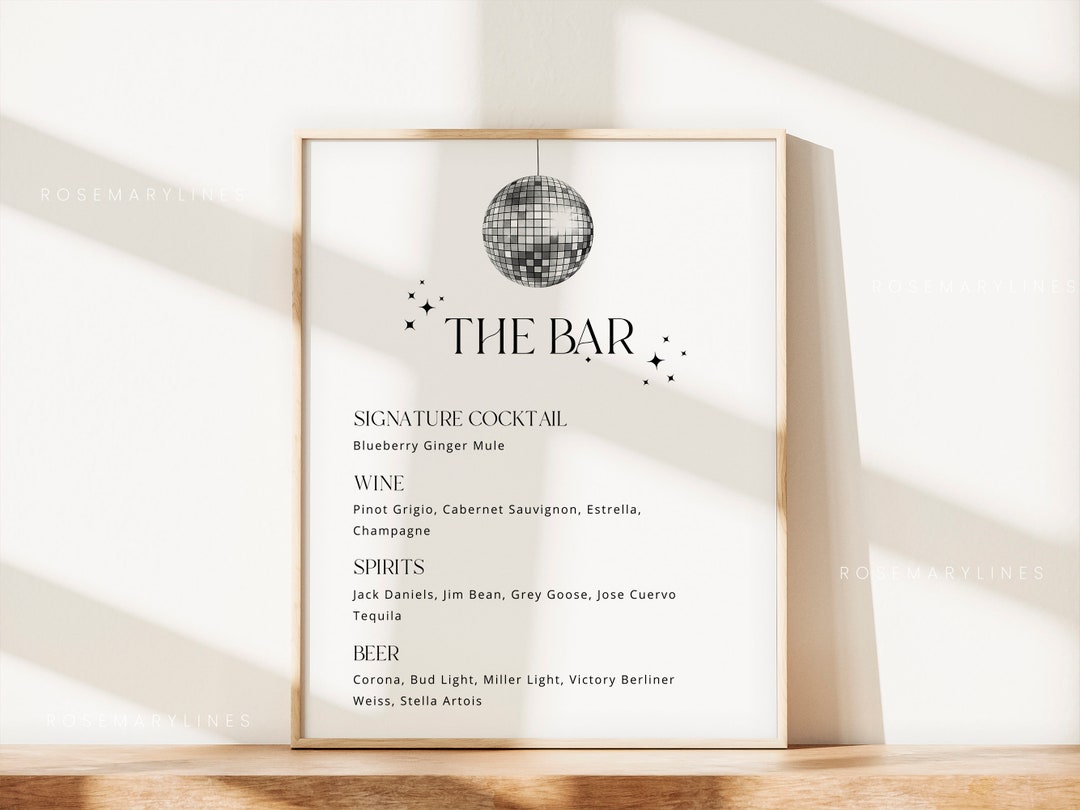 Disco Ball Bar Sign Template, Retro Bar Menu Wedding, Disco Bar