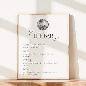 Disco ball bar sign template, retro bar menu wedding, disco bar menu sign, bar menu template, 70s wedding bar sign, sparkle hippie #201