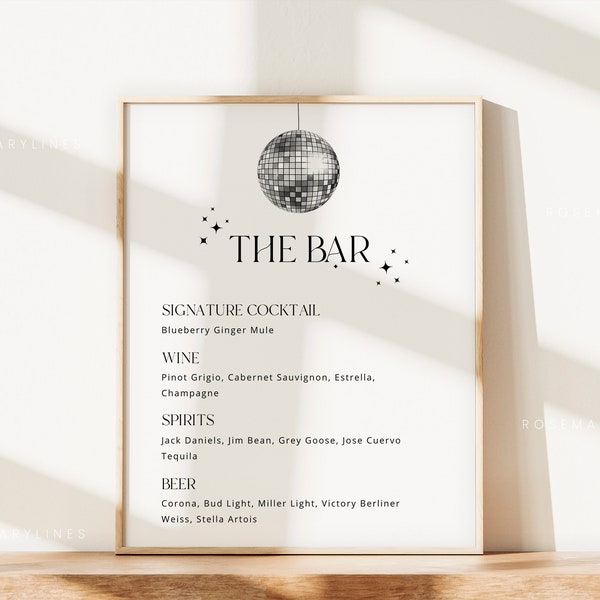 Disco ball bar sign template, retro bar menu wedding, disco bar menu sign, bar menu template, 70s wedding bar sign, sparkle hippie #201