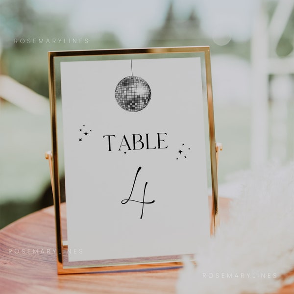 Disco table number template, retro table numbers, disco ball table number signs, 70s wedding table number, sparkle hippie wedding signs #201