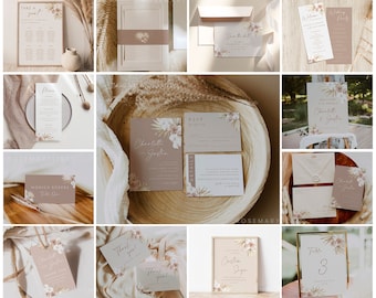 Dusty rose wedding invitation bundle template, pale blush boho wedding bundle, dried palm wedding invite set, orchid, mauve, printable #160