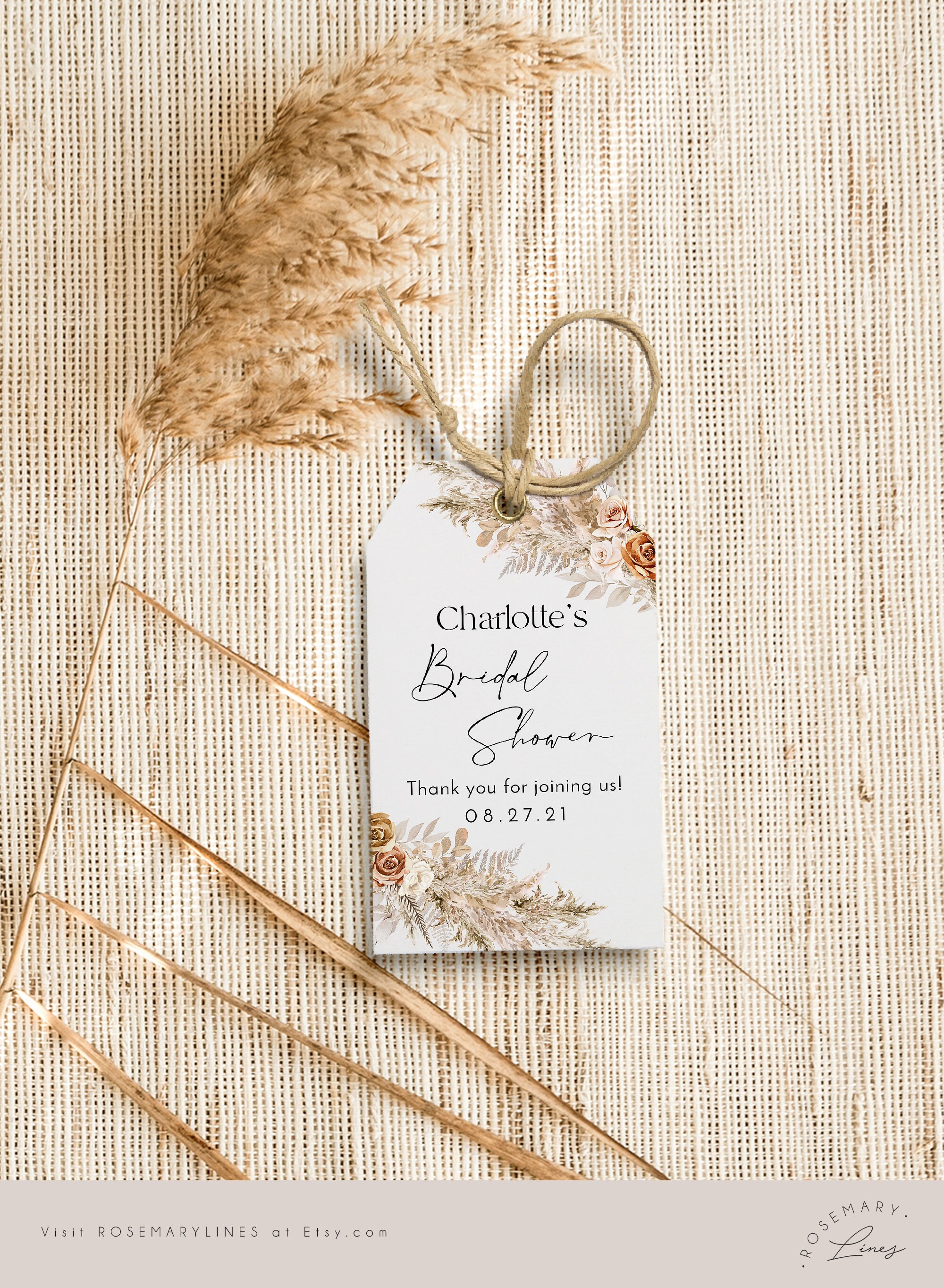 Boho Bridal Shower Tag, Pampas Grass Favor Tag Template, Terracotta ...