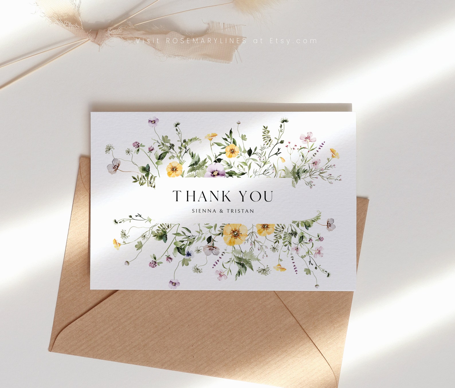 Wildflower Thank You Card Template, Elegant Rustic Floral Wedding Thank ...