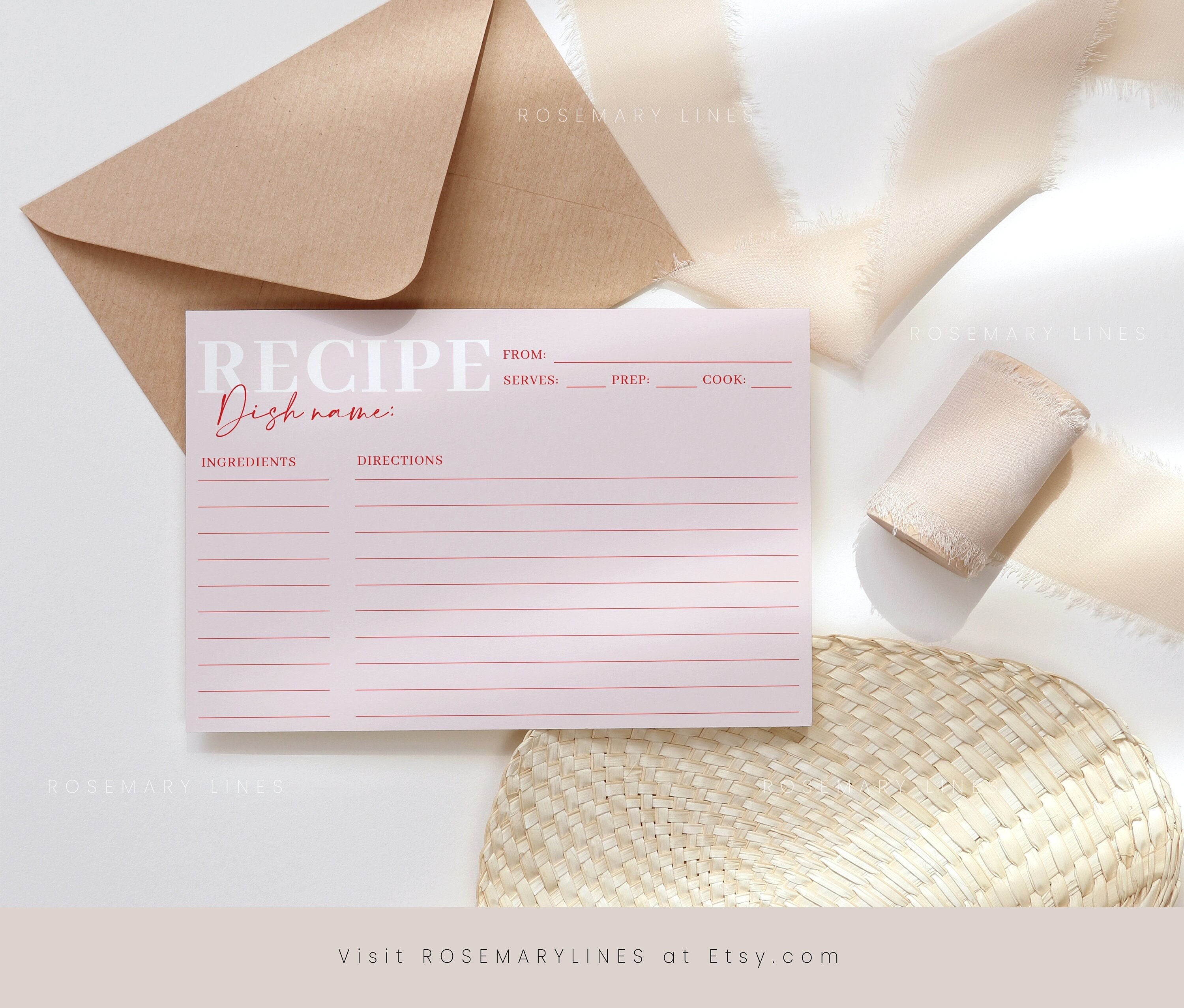 Red and Pink Recipe Cards Hot Pink Recipe Card Template Red Etsy