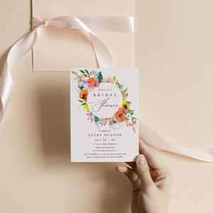 Summer bridal shower invitation template, colorful bright floral bridal shower invites spring vibrant coral orange blush pink yellow 093-7a image 5