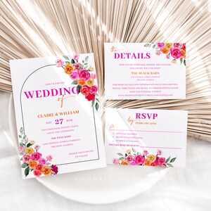Puede incluir: Conjunto de invitaciones de boda con dise&ntilde;os florales. La invitaci&oacute;n principal presenta un arco floral rosa y naranja con el texto "Boda de Claire & William" y la fecha "S&aacute;b 27 Mar". La tarjeta RSVP tiene un dise&ntilde;o floral y el texto "RSVP antes del 20 de febrero".