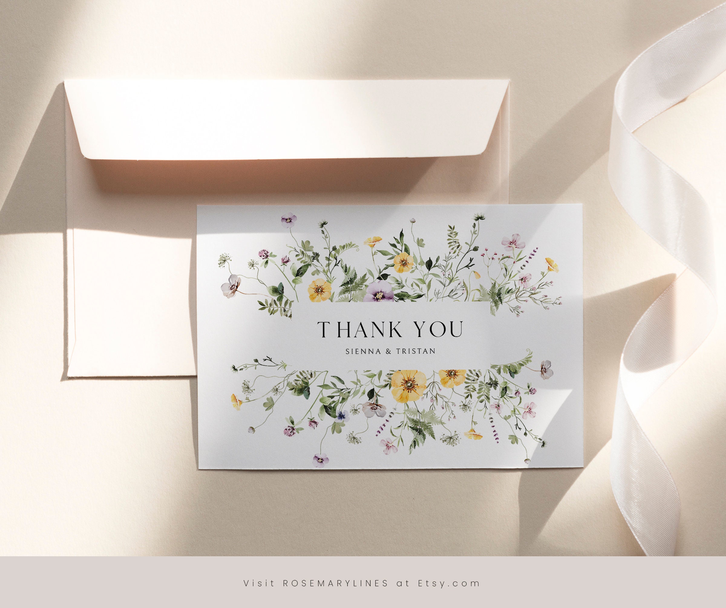 Wildflower Thank You Card Template, Elegant Rustic Floral Wedding Thank ...