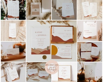 Modern desert Wedding invitation bundle template, terracotta wedding bundle, boho wedding invitation set, minimal abstract landscape #097