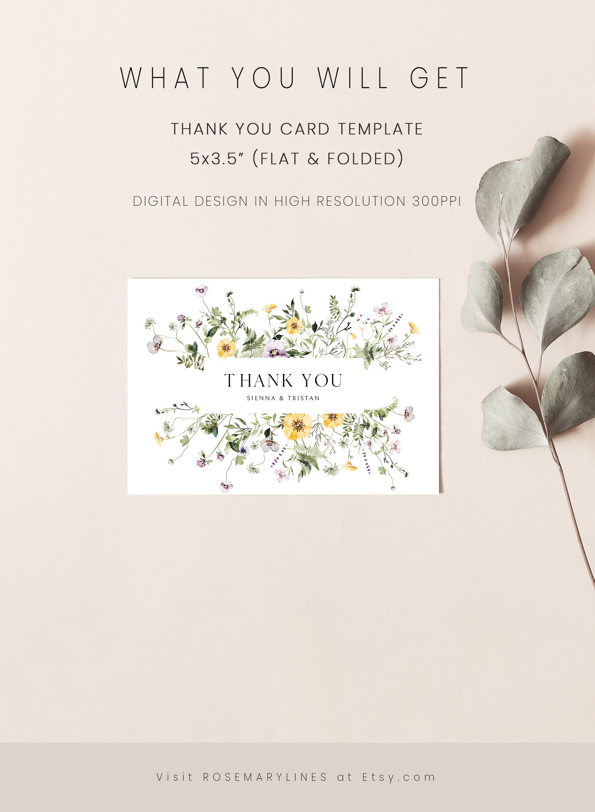 Wildflower Thank You Card Template, Elegant Rustic Floral Wedding Thank ...