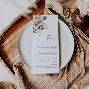 Dusty pink floral wedding menu template, pampas grass, dusty rose boho menu cards, eucalyptus blush floral greenery printable menu #116-9