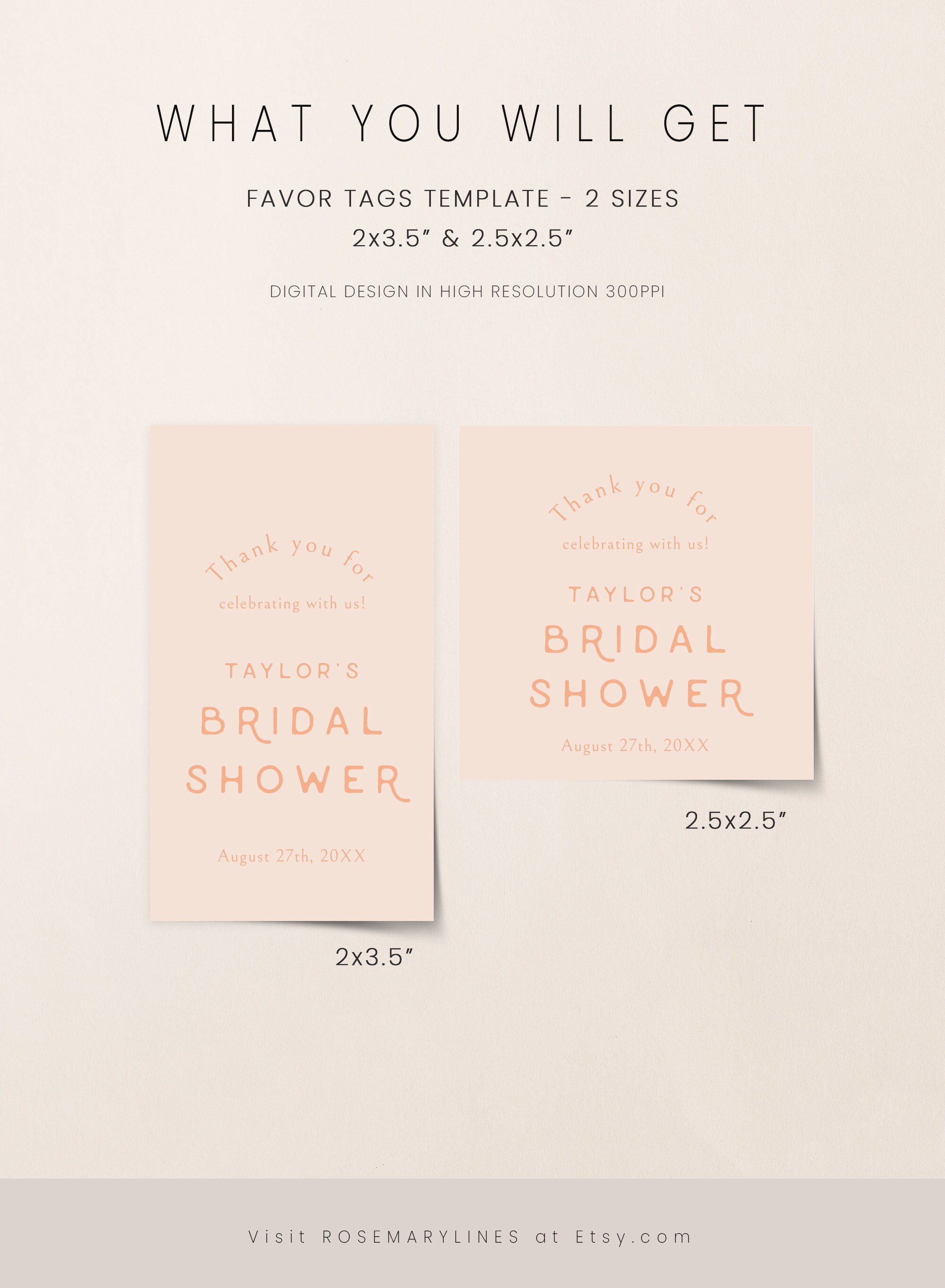 Peach Favor Tags, Coral Bridal Shower Favor Tag Template, Bright Summer ...