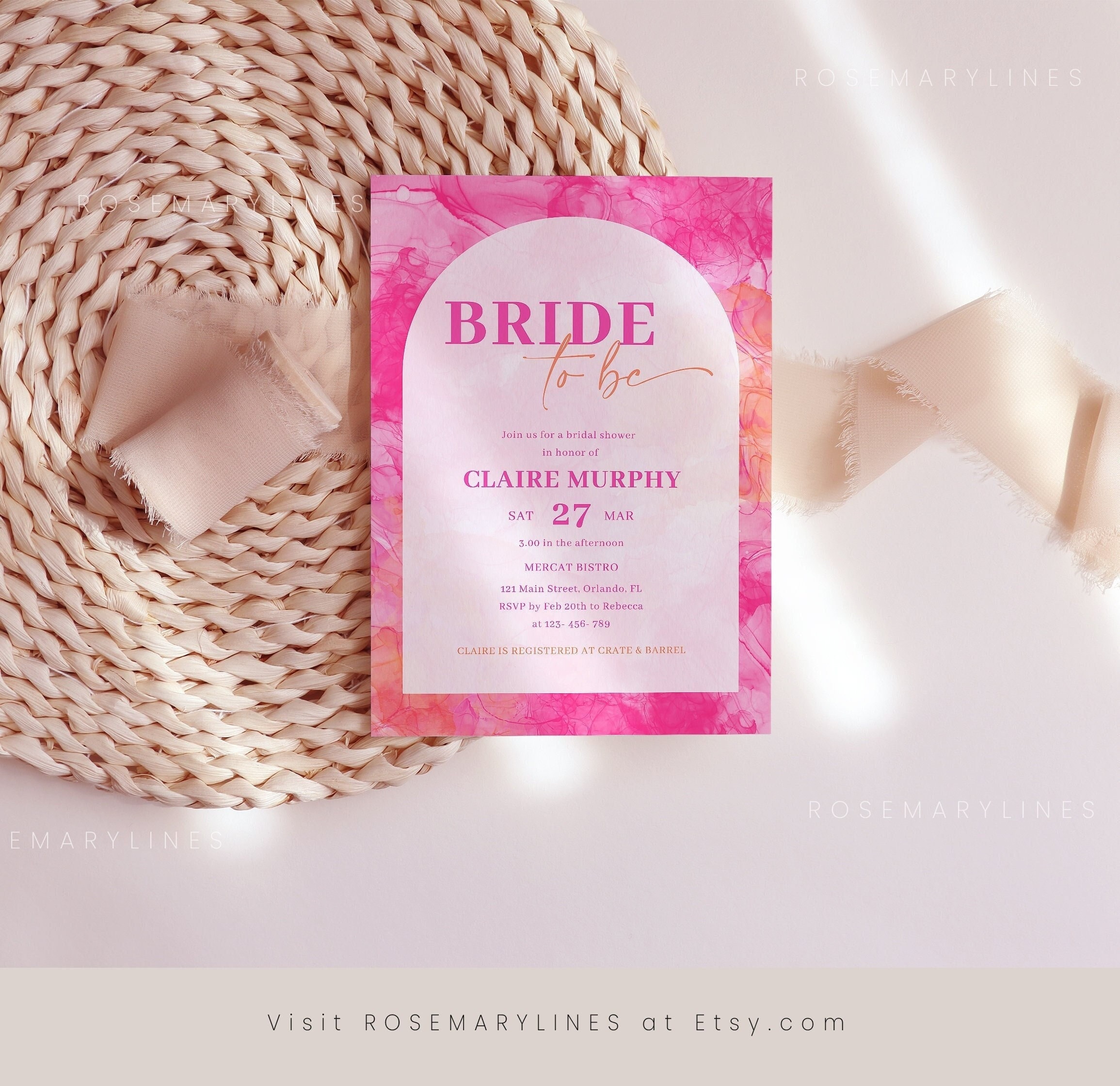 Pink orange bridal shower invitation template, hot pink bridal shower invites, fuchsia bridal shower invitations, peach bright vibrant #205