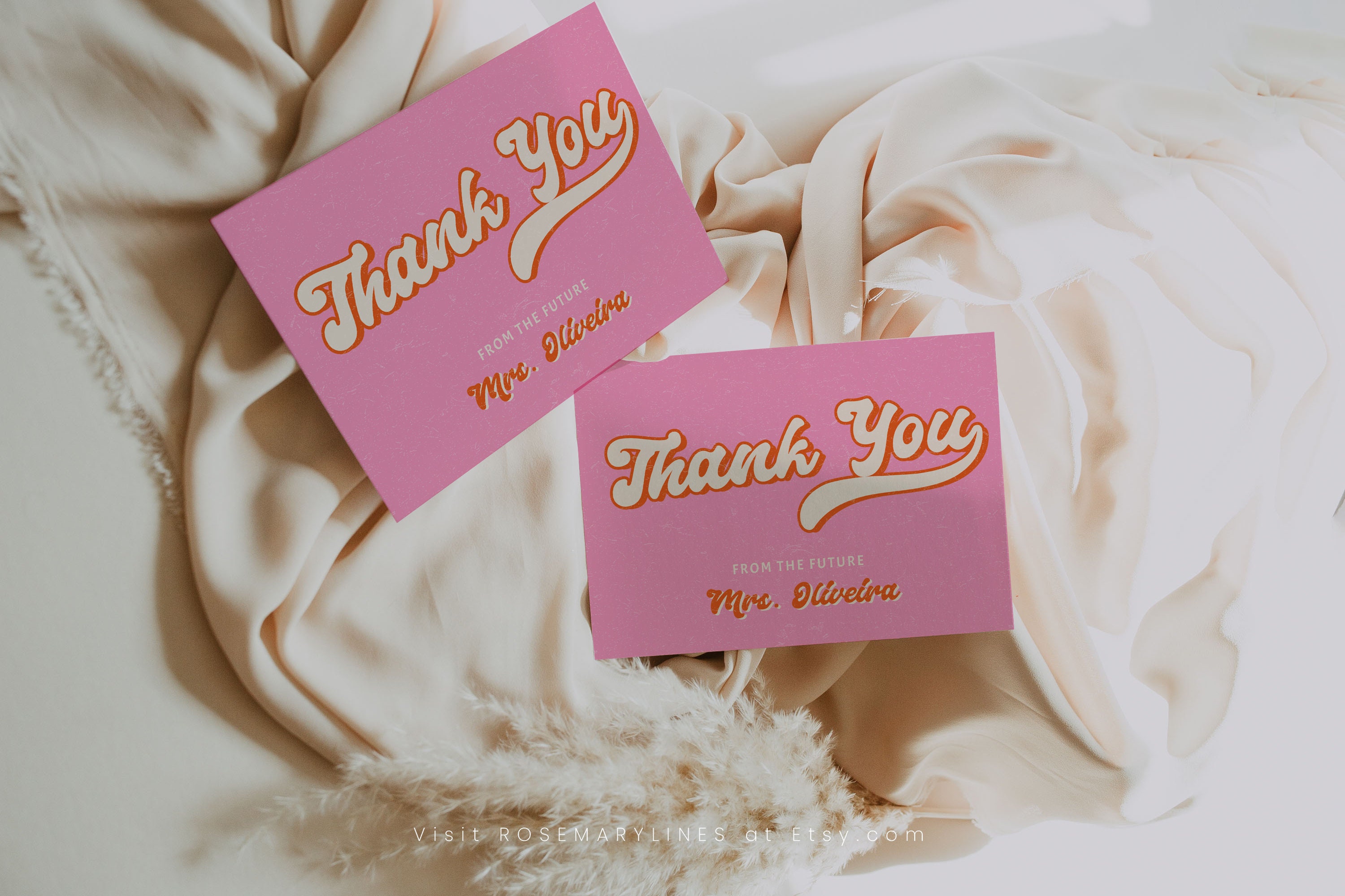 Retro Bridal Shower Thank You Card, Pink Orange Thank You Card Template ...