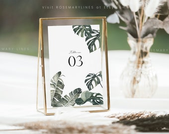 Tropical table number template, rustic boho palm leaf table numbers, greenery wedding table number, monstera banana leaf table number #142