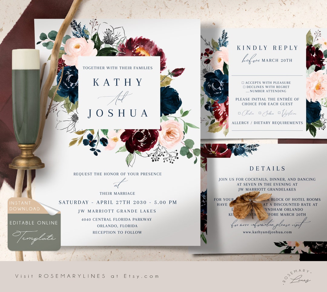 Burgundy Navy Wedding Invitation Template Winter Wedding - Etsy