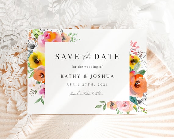 Summer bright floral save the date template, colorful wedding save the dates invites in orange coral pink yellow vibrant spring floral  #093