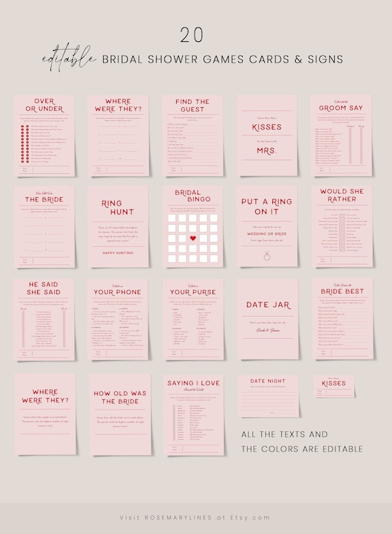 Pink and red bridal shower games bundle, modern retro bridal shower games template, 70's bridal shower games set, mid century 80s 90s #178