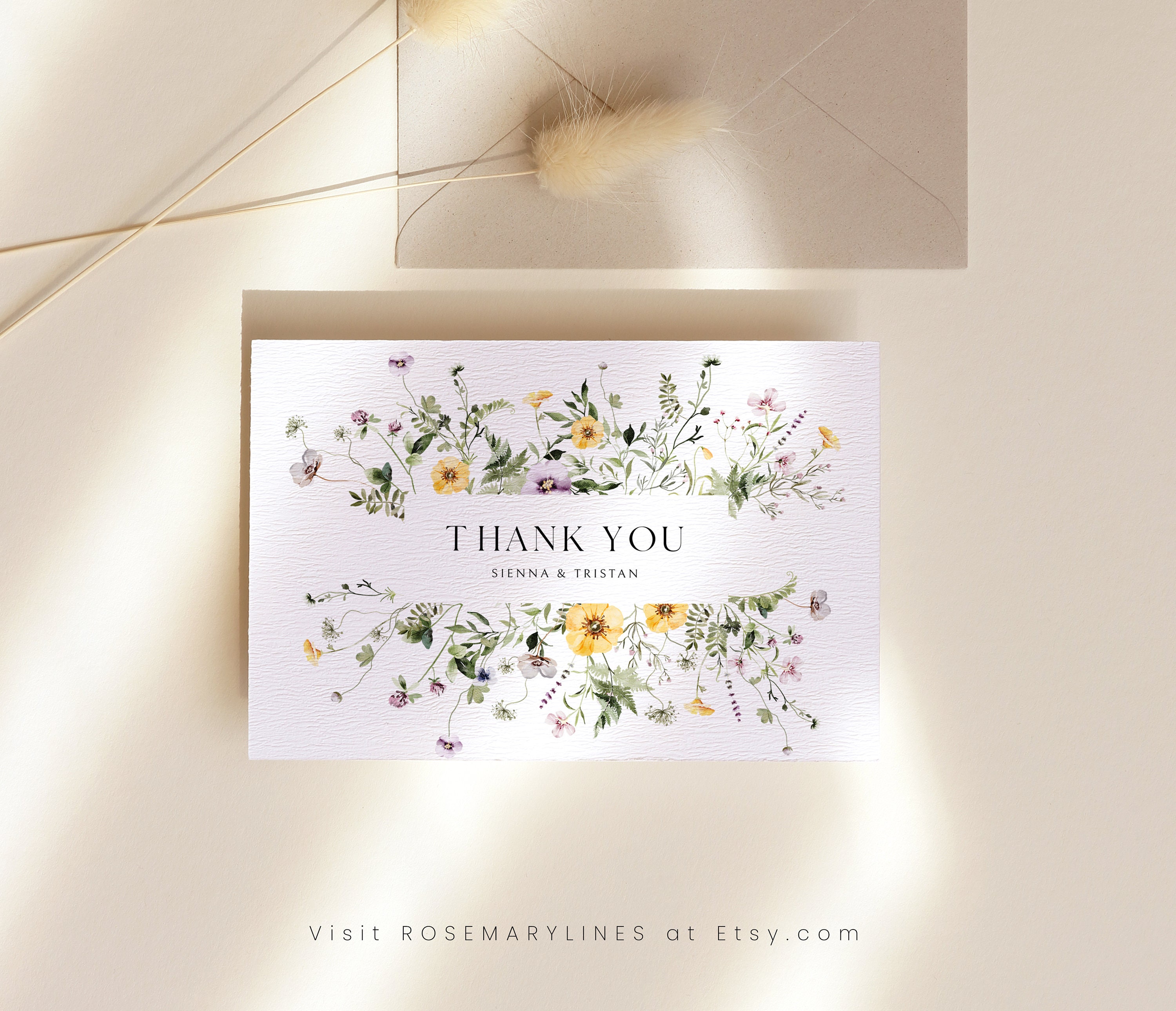 Wildflower Thank You Card Template, Elegant Rustic Floral Wedding Thank ...