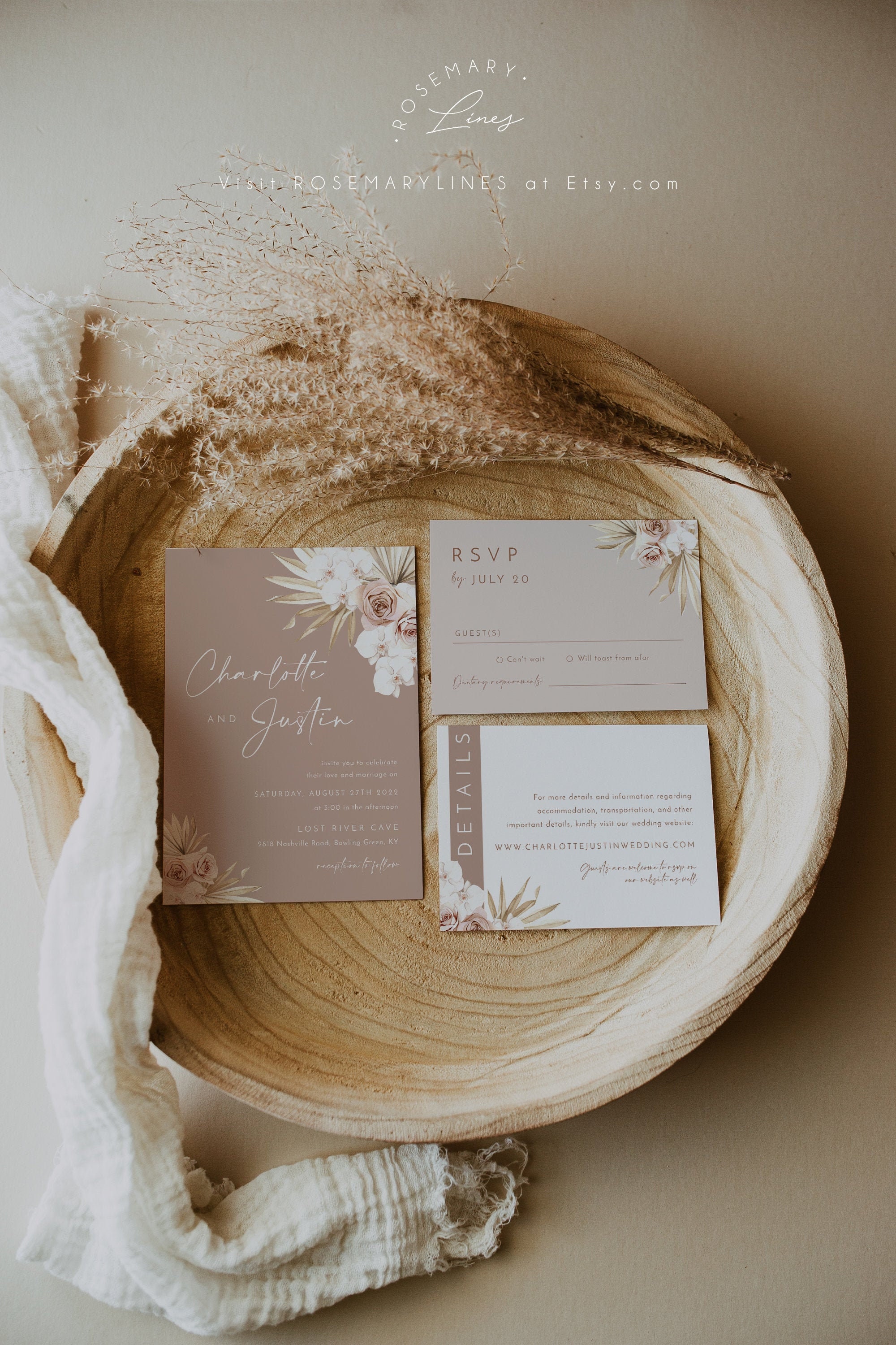Dusty rose wedding invitation template blush pink wedding invitation set dried palm boho blush floral rose orchid mauve spring fall #160